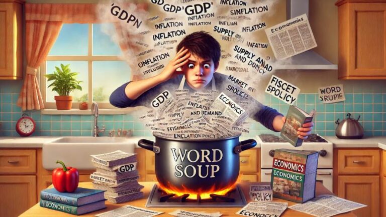 IGCSE-Economics-0455-Key-Terms-Word-Soup – A jumbled mix of economic terms surrounds a confused student, struggling to understand key vocabulary from the IGCSE Economics 0455 curriculum. The chaotic arrangement represents the challenge of mastering economic concepts without structured revision.